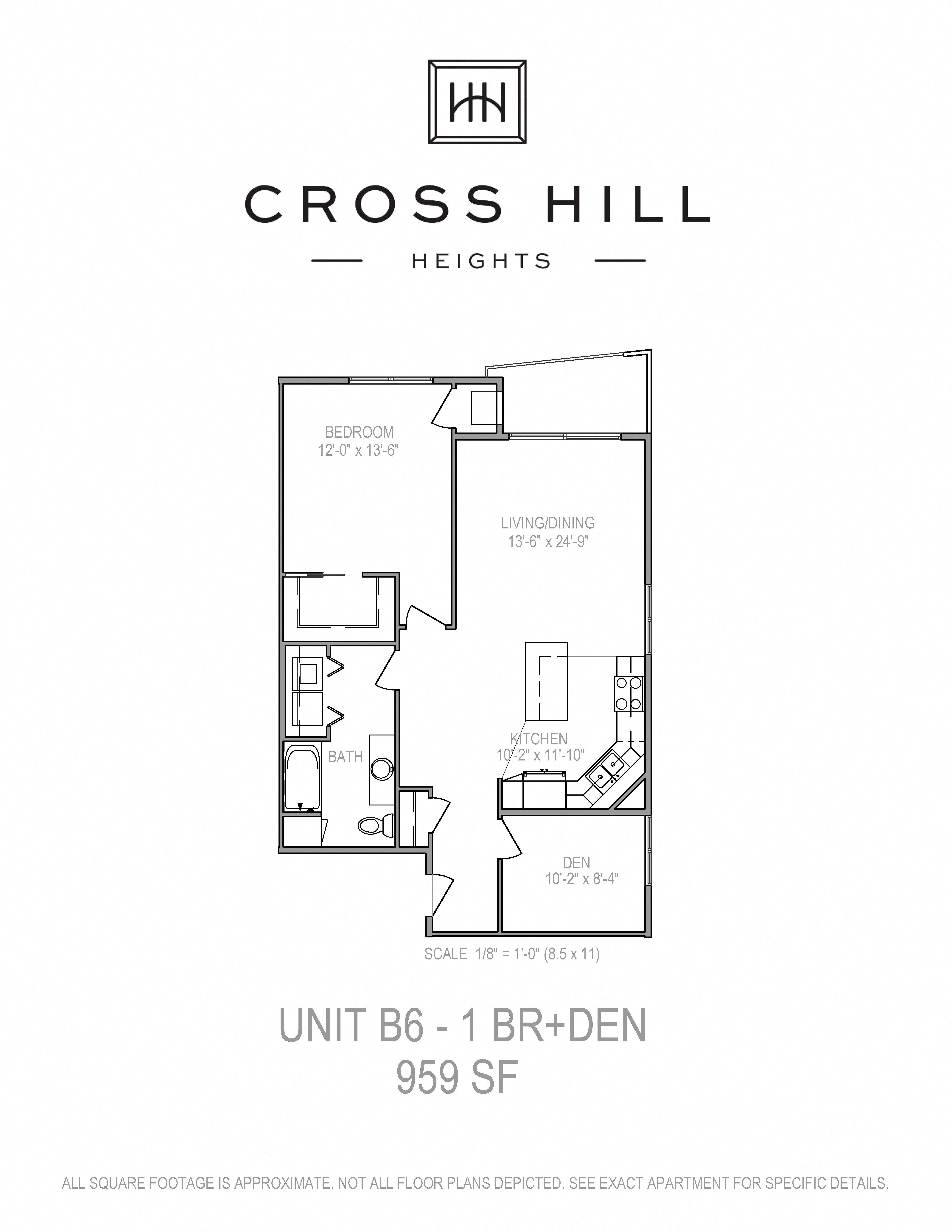Floor plan for 1 bed, 1 bath, 959 sqft